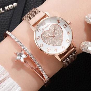 2 Stk/set Luxe Merk Vrouwen Horloges Liefde Magneet Horloge Gesp Mode Vabaaja Vrouwelijke Horloge Romeinse Cijfer Eenvoudige
