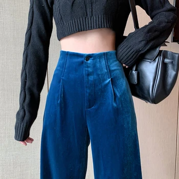 2022 Talve Velvet Elegantsed Püksid Naiste Tahke Vabaaja korea Stiilis Laia-jalaga Püksid Lahti Vabaaja Disainer Kõrge vöökoht Püksid Uued