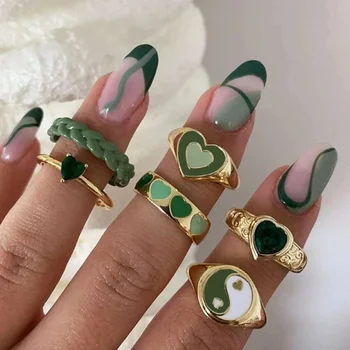 6tk Roheline Omaks Käed sõrmustes Set Naiste Vintage Metalli Värvi Armastus Südames Vait Rõngad Meeste Mood Ehteid
