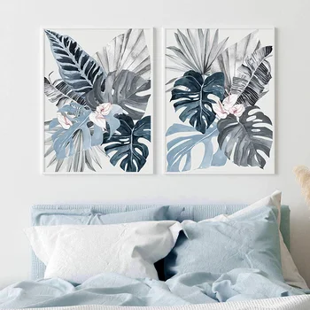 Akvarell Troopiliste Taimede Lehed Sinine Lõuendile Maali Seina Art Plakatid, Prindid Pildi elutuba, Magamistuba Kodu Kaunistamiseks