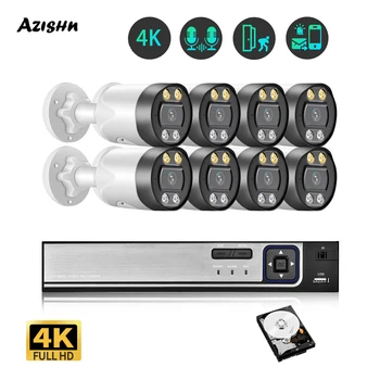 AZISHN 4K Turvalisuse Kaamera Süsteemi 8CH HD POE NVR Kit P2P kahesuunaline Audio VIDEOVALVE videovalve Komplekt Nelipühade Night Vision IP-8MP Camer