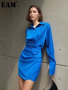 [EAM] Naised Sinine Plisseeritud Lühike Elegantne Mini Kleit Särk Uus Rinnamikrofon Pikad Varrukad Lahti Sobib Mood Tõusulaine Kevad Sügis 2023 1DE9351