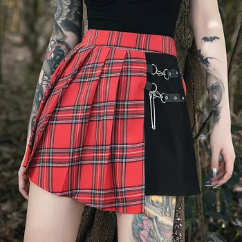 Gooti Punk Seelikud Naiste Punane Ruuduline Plisseeritud Mini Seelik Kõrge Vöökoht Segast Pall Kleit Fashion Streetwear Lukk Naine Goth Seelik