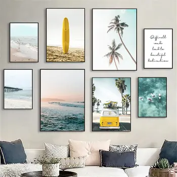 Kollane Travel Auto Lainelaua Canvas Poster California Ookeani Maastikumaal Beach Surf Seina Art Print Piltide Kodu Kaunistamiseks