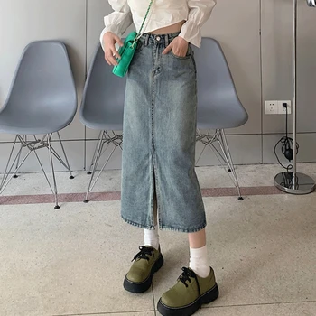 Kõrge Vöökoht Teksariidest Pikad Seelikud Naistele Uus Saabumist 2021 Sügisel Korea Stiilis Vintage Streetwear Daamid Elegantne Pliiats Seelik W732