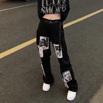 Lahe Naljakas Punk Prindi Teksad Tüdruk Püksid Mood Püksid Harajuku High Street Denim Bagge Sügisel Korea Poiss Teksad Femme