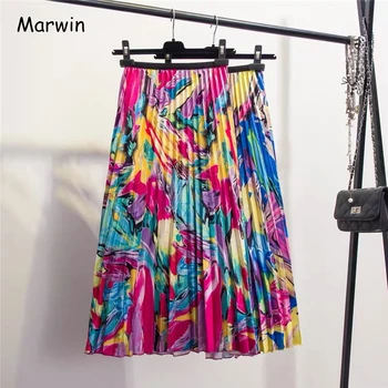 Marwin 2019 Uus-Tuleval Kevadel Eurpoean High Street Style-Line Lilleline Muster Keskel Vasikas Puhkust seelik Kõrge Kvaliteediga Naiste Seelikud