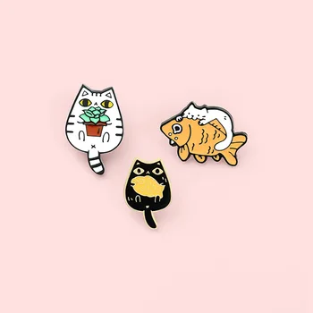 Must Valge Rasva Kass ja Kala Kohandatud Emailiga Pin-Cartoon sõle Armas Loom Prossid Märgid Mood Pin Kingitusi Sõber Hulgimüük