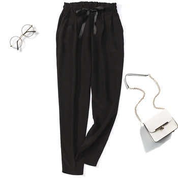 Naiste 100% Pure Silk Vöö Talje Pikad Püksid Püksid, mille taskud Musta Värvi M0609