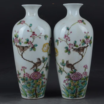 Paari Käsi-värvitud Pastell Lill Ja Lind Vaasid Antiik Qianlong Qing Dünastia Jingdezhen Antiikne Portselan Vaas