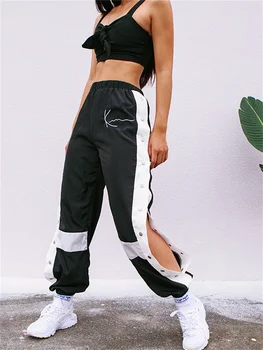 QWEEK Joggers Naiste Püksid Kõrge Vöökoht Segast Sweatpants Naiste Haaremi Püksid Lõhik Nuppu Panelled Püksid Streetwear