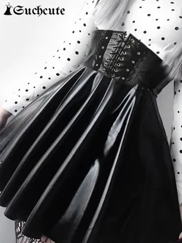 SUCHCUTE Naiste Seelikud Gooti Harajuku Sidemega Faux Nahast korea Fashion Must Mini Plisseeritud Seelikud 2022 Suve Poole Pu Saias