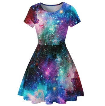Suvel Lühikeste varrukatega ümber Kaela Mini Kleit Galaxy/kosmos Prindi Kleit Seksikas Naiste Riided Pluss Suurus