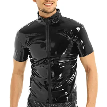 Thoshine Brändi Meeste lakknahast Särgid, Lühikesed Varrukad Läikiv Mood PVC Faux Nahast Polo Särgid Kujundamisel Läikiv T-särgid Camisa