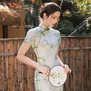 Traditsiooniline Roheline Cheongsam Lühikesed Varrukad Pehme Vintage Kleit Suvel Slim-fit Naiste Kostüümid Elegantne Qipao S XXL