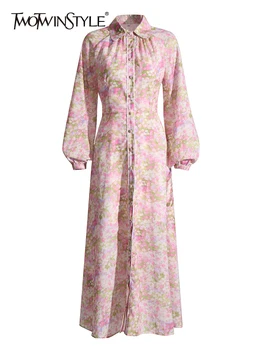 TWOTWINSTYLE Mood Vintage Print Lilleline Kleit Naistele Rinnamikrofon Laterna Varruka Kõrge Vöökoht Colorblock Midi Kleidid, Naiste Riided
