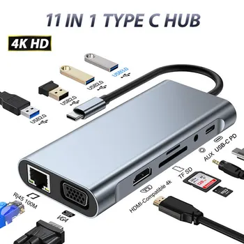 USB-C-HUB Dock Station HDMI-Ühilduvate 4K VGA, Rj45 Thunderbolt Adaapter 3 Hub 3.0 TF-SD-Reader PD AUX jaoks MacBook Pro/Air M2