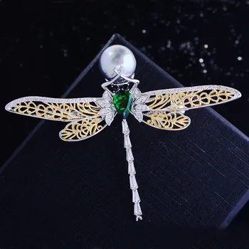 Vask Inkrusteeritud Tsirkoon Euroopa ja Ameerika Retro Dragonfly Pearl Sõle Naine Elegantne Temperament Õõnes Rõivamanused