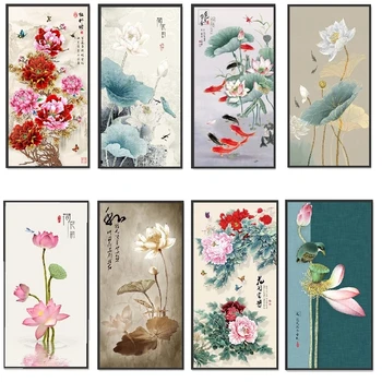 Vintage Hiina Stiilis Lotus Pojeng Tähtedega Posterss Pildid Lõuendile Maali Seina Art Pilte elutuba Kodu Kaunistamiseks